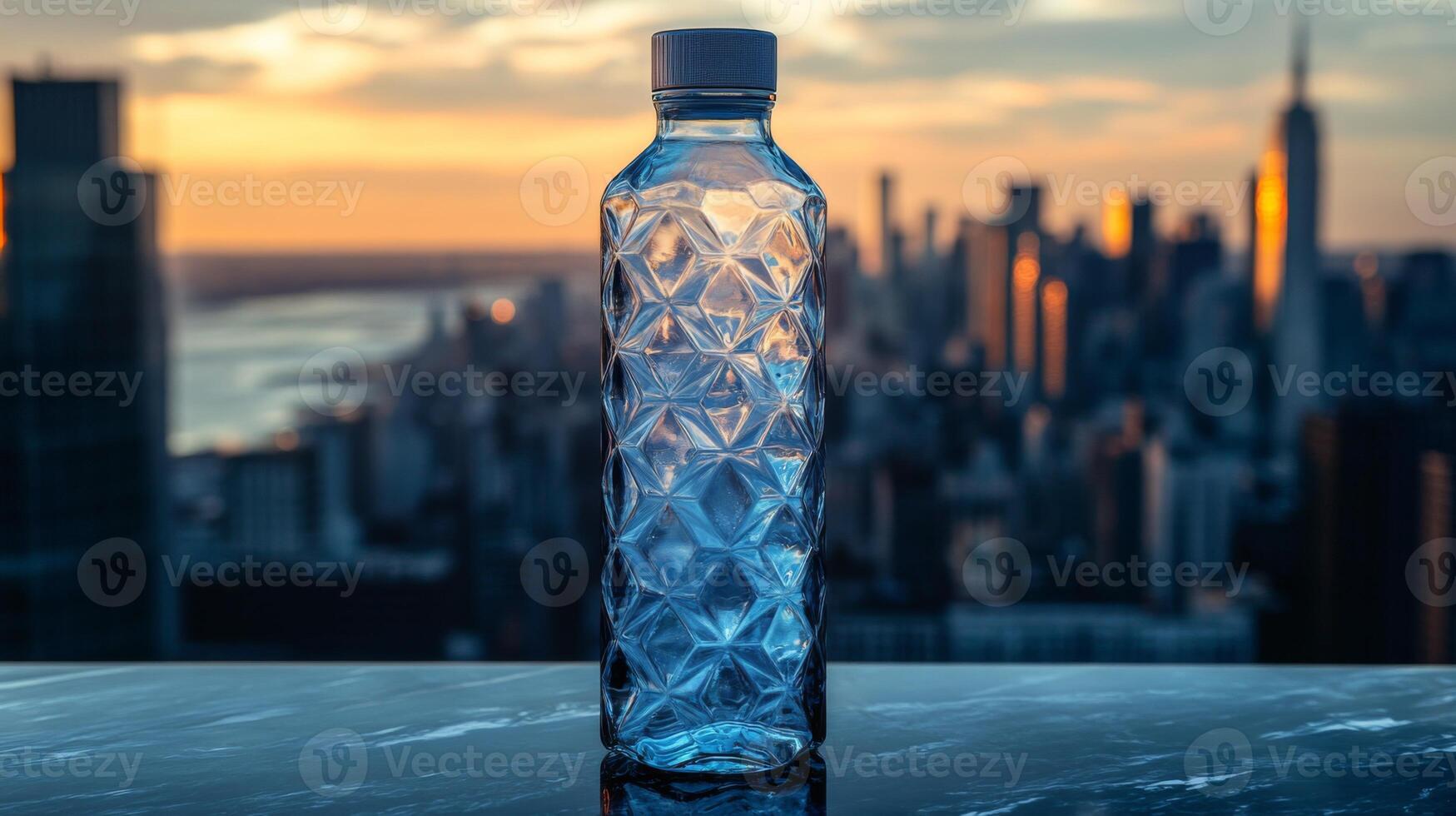 A transparent geometric water bottle is placed on a table overlooking a vibrant city skyline. The sunset casts warm hues over the buildings, creating a beautiful backdrop. photo