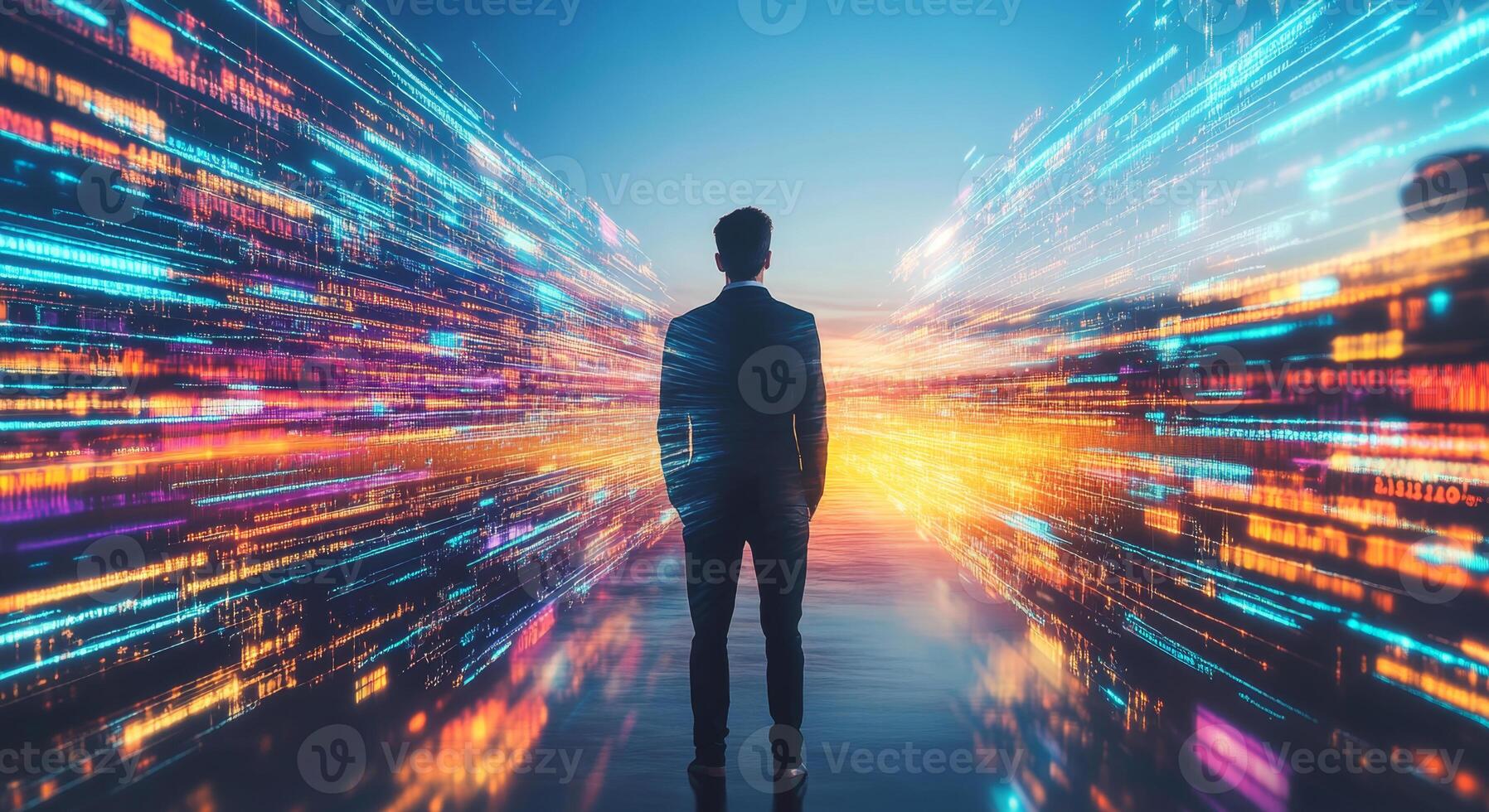 A person stands in a field at sunset, observing vibrant lights that symbolize modern agricultural technology and innovative selection methods enhancing crop growth and sustainability. photo