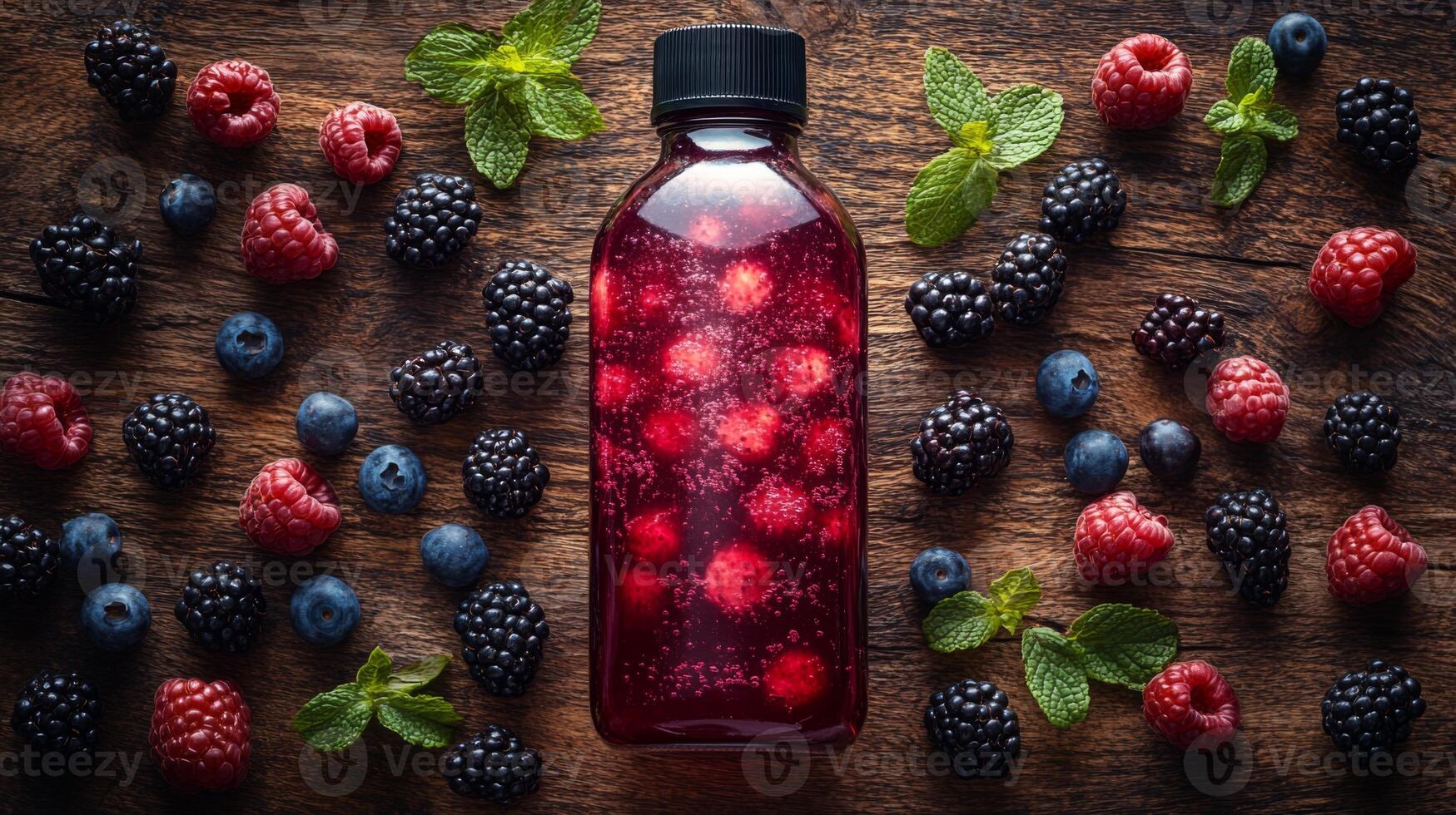 A vibrant drink made from mixed berries is presented in a clear bottle on a wooden surface, surrounded by fresh raspberries, blueberries, blackberries, and mint leaves. photo
