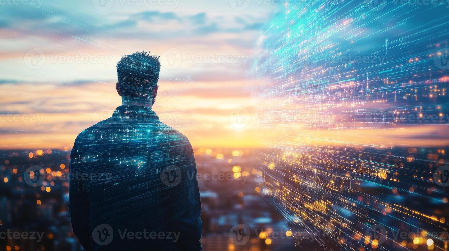 A person stands overlooking expansive agricultural fields at sunset, contemplating the integration of modern technology in farming practices. The landscape reflects both tradition and innovation. photo