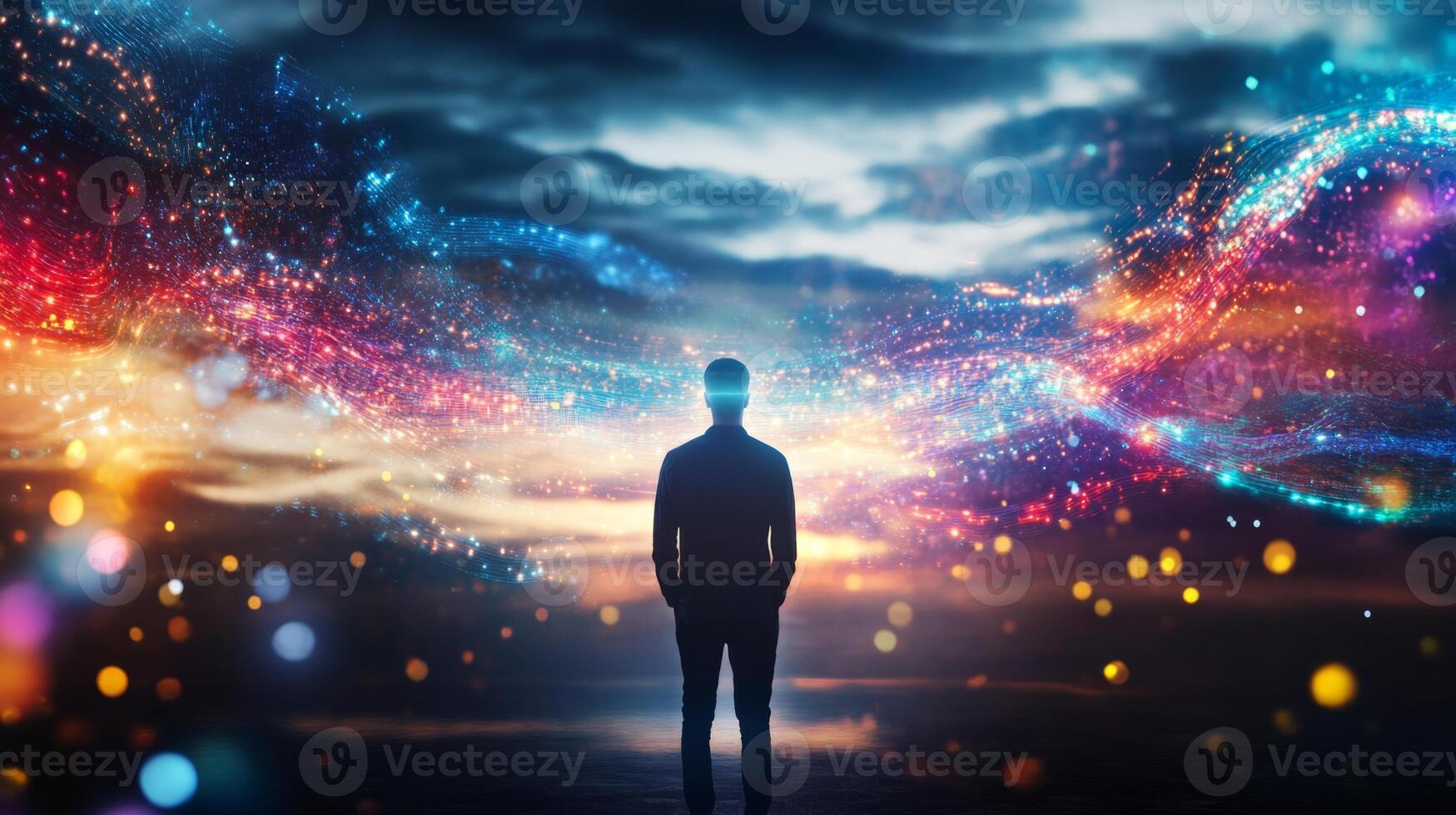 A person stands in expansive fields observing the vibrant landscape of modern agriculture. Diverse crops flourish, reflecting innovative selection methods under a clear sky during sunset. photo