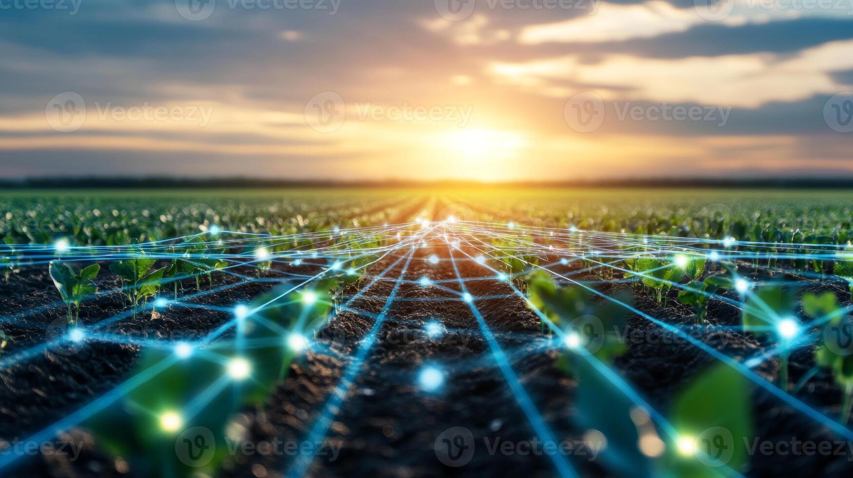 At sunset, rows of young plants flourish in a vast field, while a digital network overlays the landscape, representing the blend of technology and modern farming for better crop selection. photo
