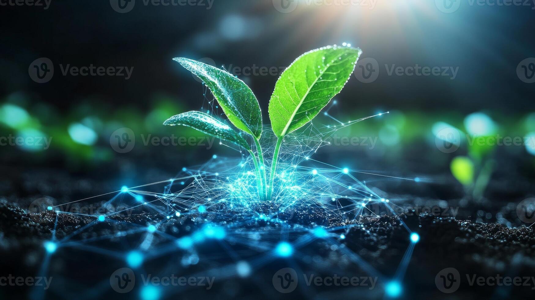 Young plants emerge from the soil, illuminated by sunlight, showcasing modern agricultural techniques. Digital networks surround the seedlings, highlighting innovation in crop selection and growth. photo