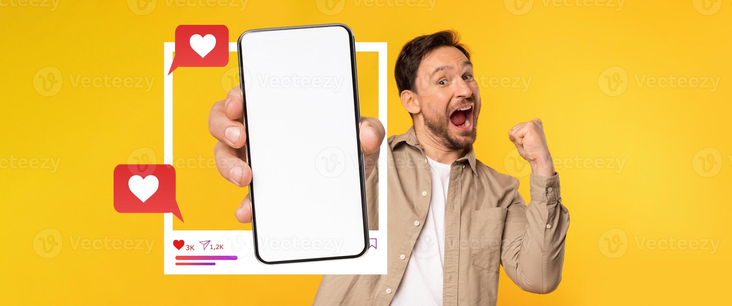 An influencer displays a smartphone with a blank screen, expressing excitement. The vibrant yellow background enhances the lively mood, showcasing a moment of digital connection. photo