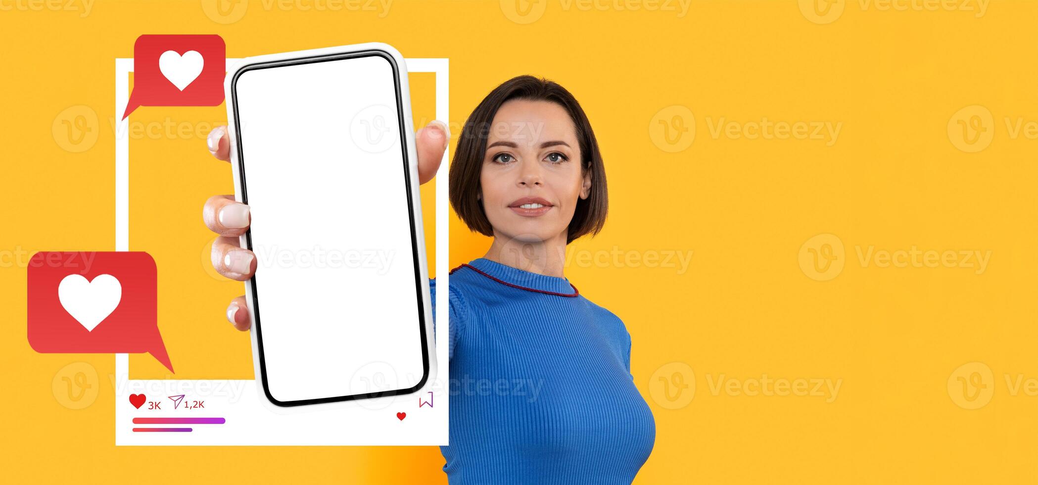 A confident influencer showcases a smartphone with an empty screen, encouraging online engagement. The bright background emphasizes social media connectivity and chat applications. photo