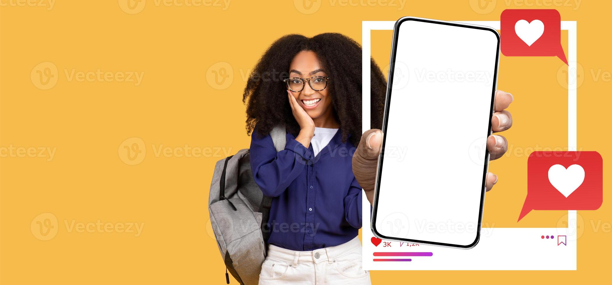 A cheerful influencer showcasing a blank smartphone screen, ready for social media. Bright background enhances the excitement of online chatting and messages. Ideal for social media enthusiasts. photo