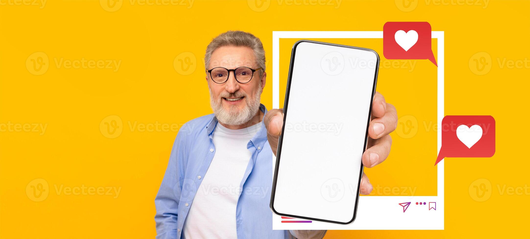 An influencer presents a smartphone featuring a blank screen against a bright yellow background. The person engages with social media, symbolizing online connection and communication. photo