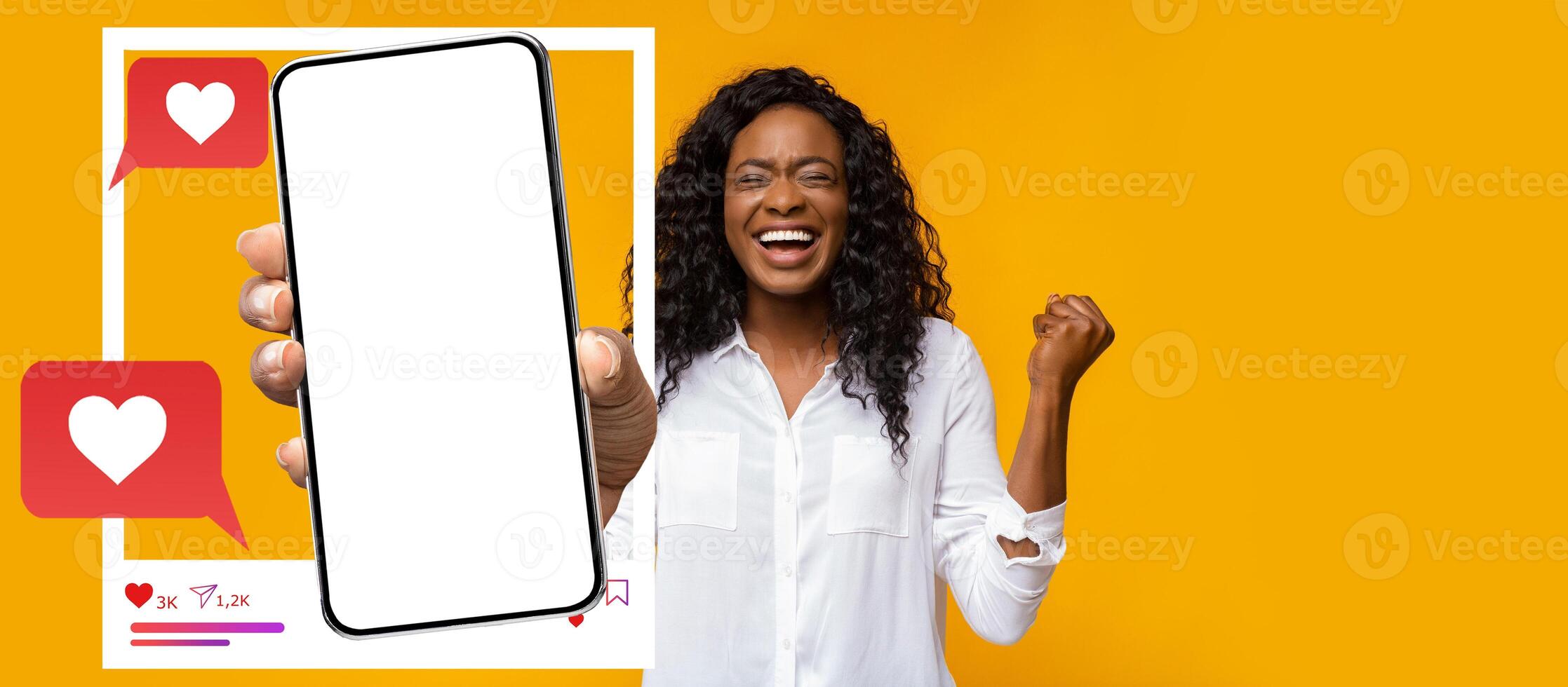 An influencer joyfully interacts with her smartphone, showcasing a blank screen. Surrounding her are social media elements highlighting online engagement and connection. photo