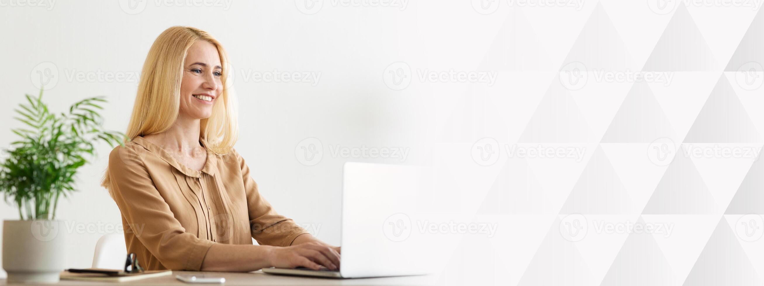 Executive Financial Woman Working On Laptop In Office, Making Reports, copy space photo