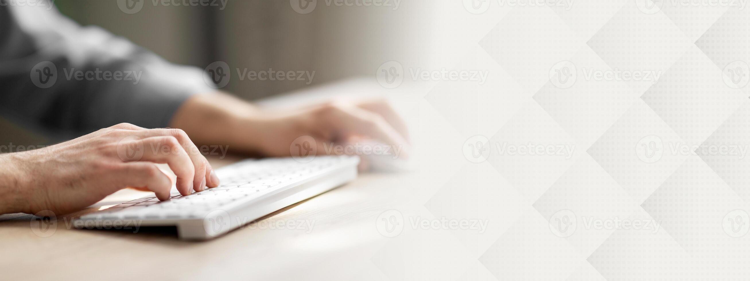 Unrecognizable Man Typing On Computer Keyboard And Using Wireless Mouse While Sitting At Desk, Cropped Shot Of Young Office Employee At Workplace, Writing Email, Working On Pc, Closeup photo