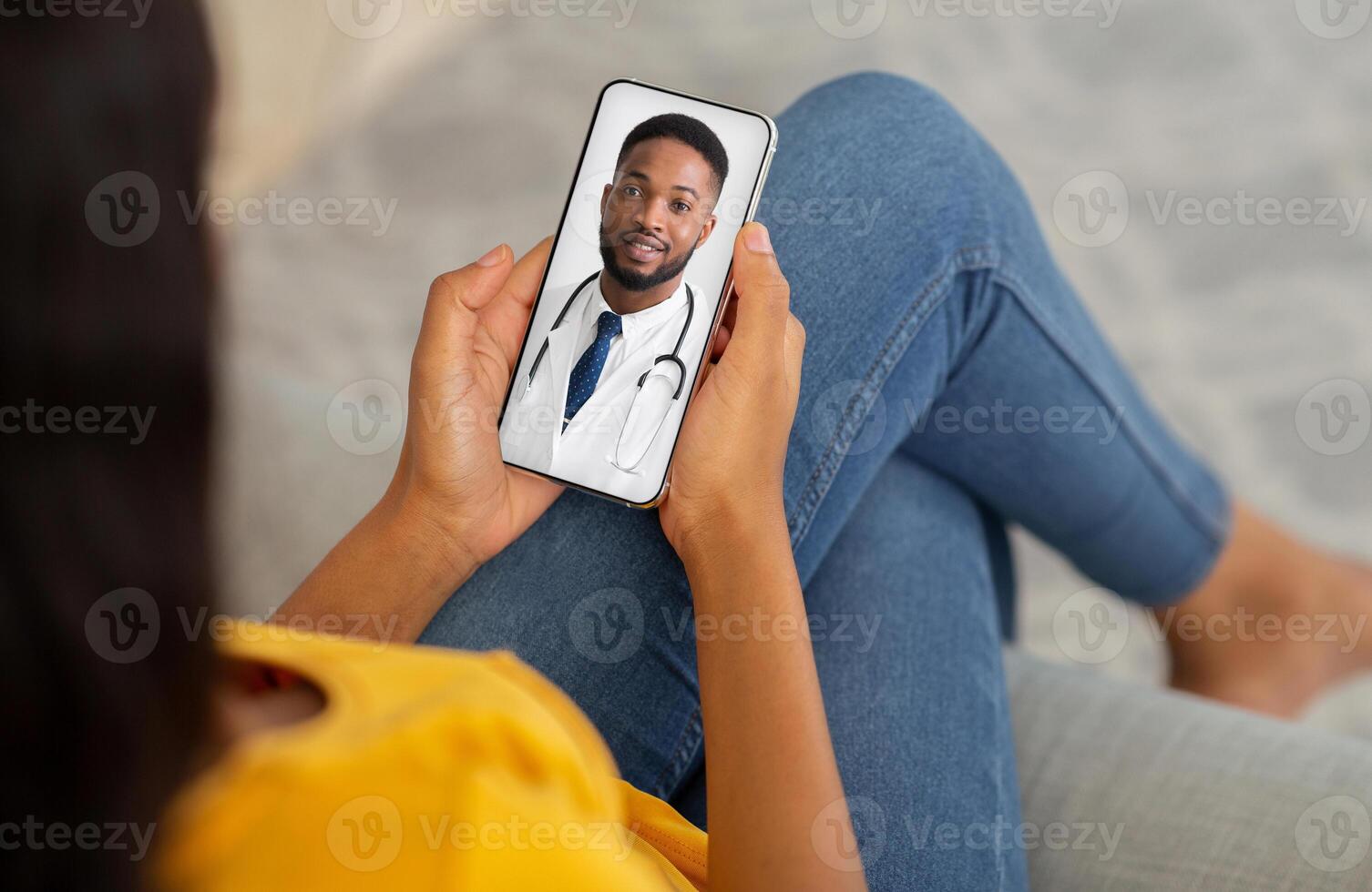 Telemedicine Concept. Unrecognizable Black Lady Using Smartphone, Making Conference With Her Therapist Doctor While Sitting On Couch At Home. Male Physician Consulting Patient Online, Collage photo
