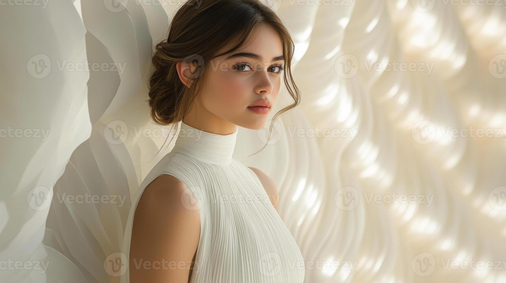 A young woman gazes thoughtfully in a stylish white outfit, positioned beside a softly illuminated textured wall. The tranquil indoor setting enhances her calm demeanor. photo