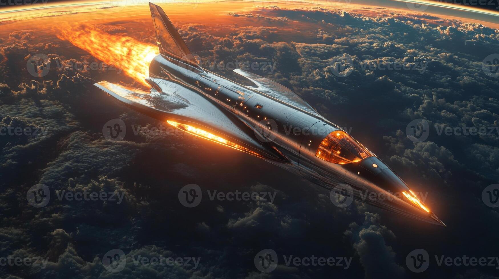A sleek rocket soars through the atmosphere, emitting flames and showcasing advanced propulsion technology as it reaches hypersonic speeds in a colorful twilight sky. photo