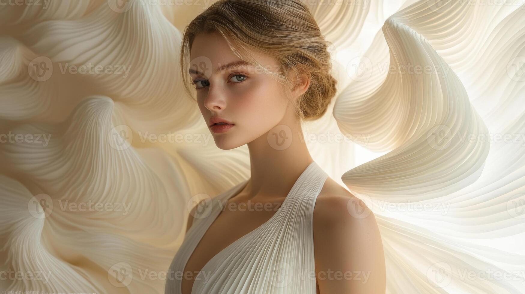A model stands gracefully, featuring soft lighting and intricate texture in the background. Her expression is serene, while the flowing lines create a visually harmonious atmosphere. photo