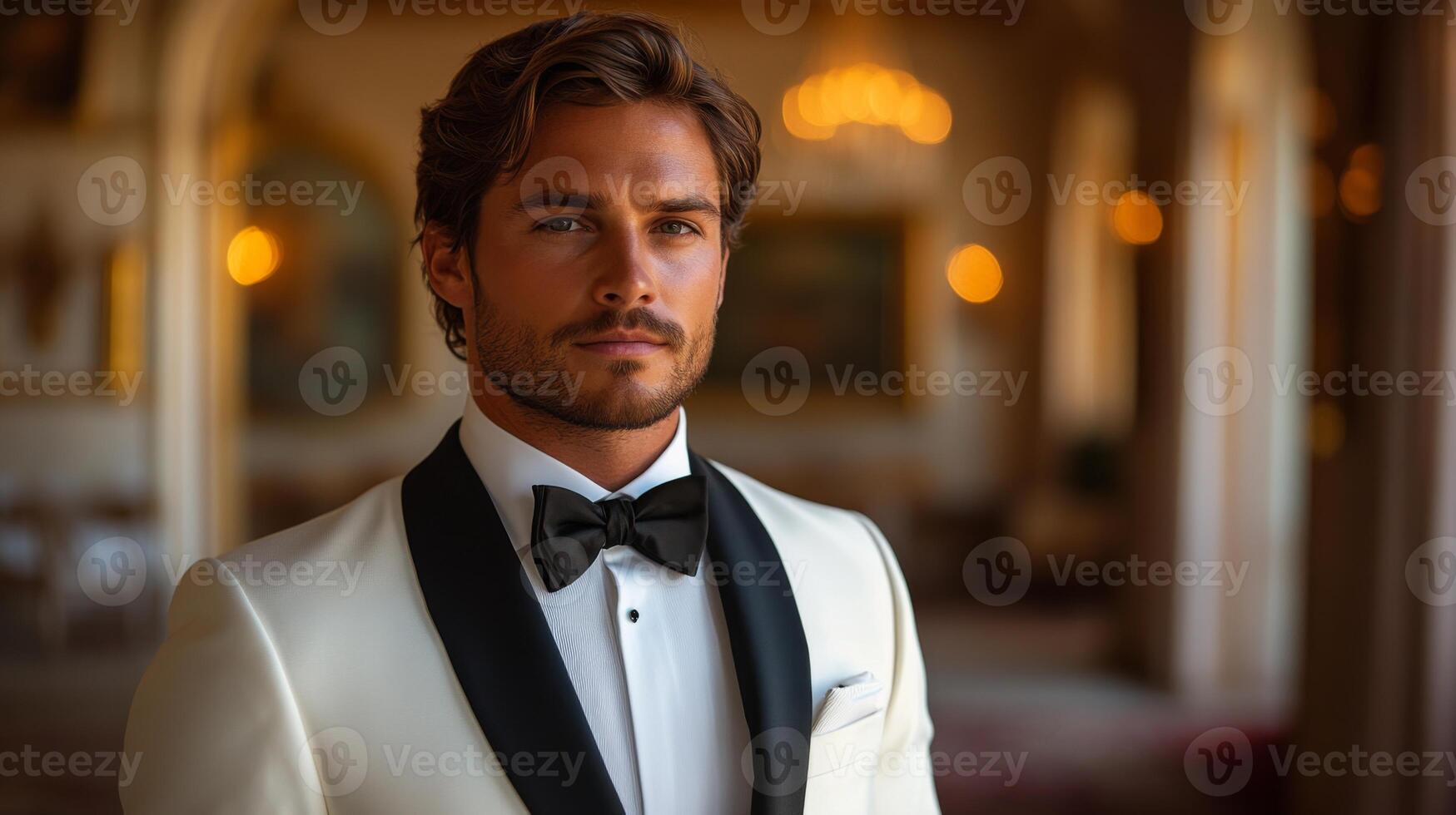 A refined gentleman stands confidently in a tuxedo, his well-groomed appearance highlighting the elegance of the luxurious venue around him. photo