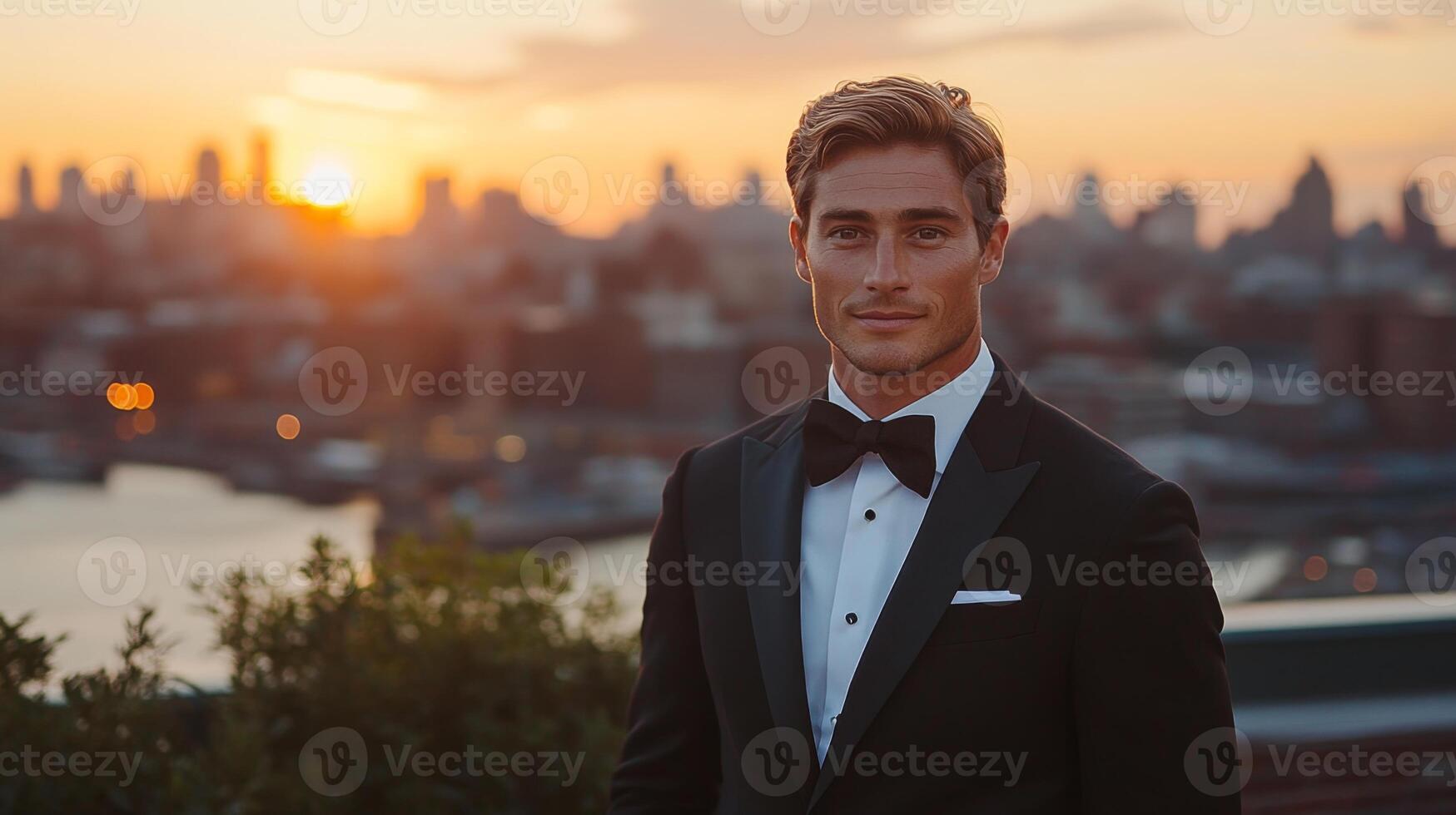 A well-dressed man stands confidently in formal attire as the sun sets behind the city skyline, showcasing a captivating blend of colors in the sky. photo