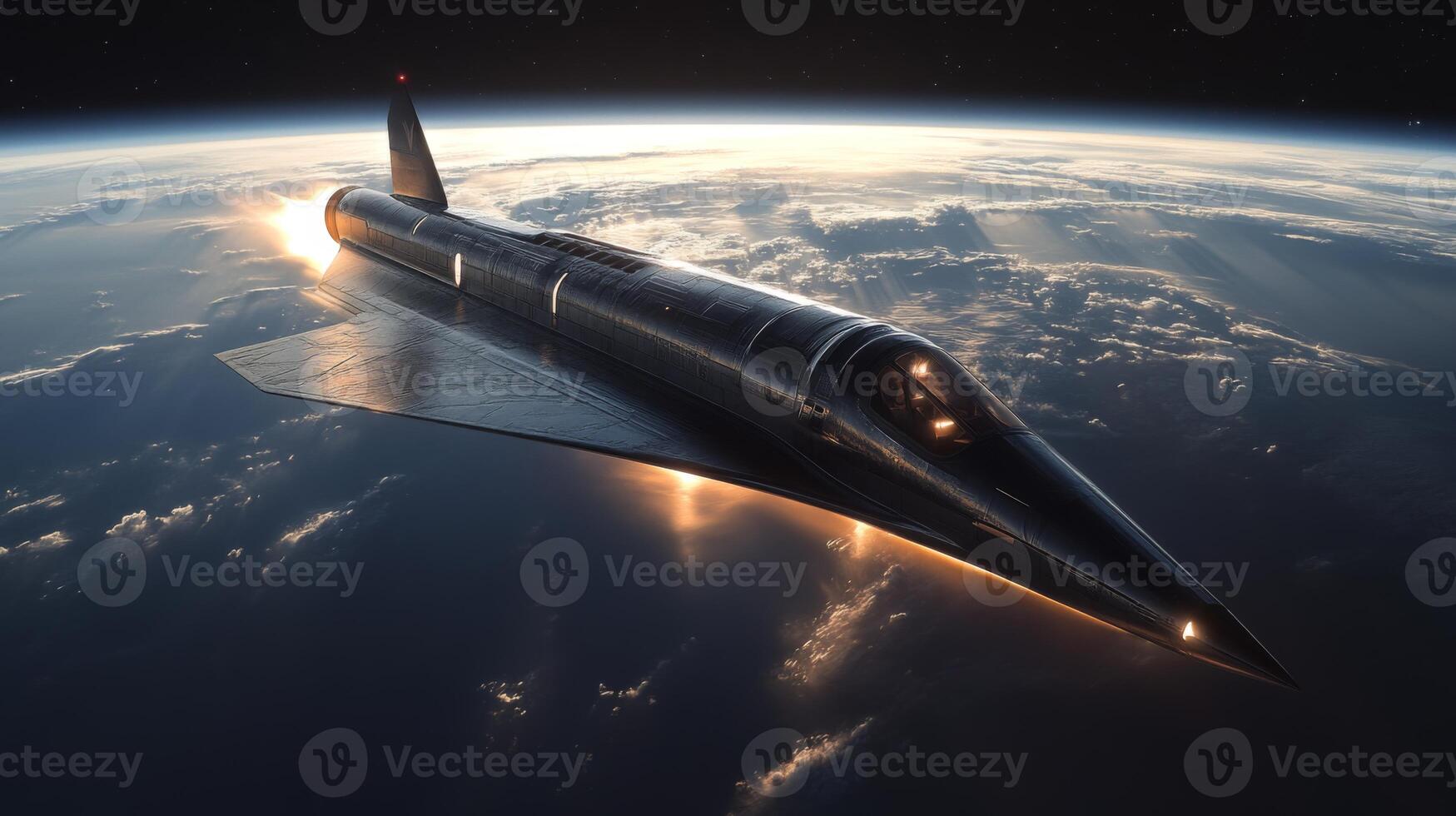 Cutting edge hypersonic spaceplane ascends into orbit, utilizing electromagnetic propulsion systems. The vehicle glides above the Earth's atmosphere, demonstrating aerospace innovation. photo
