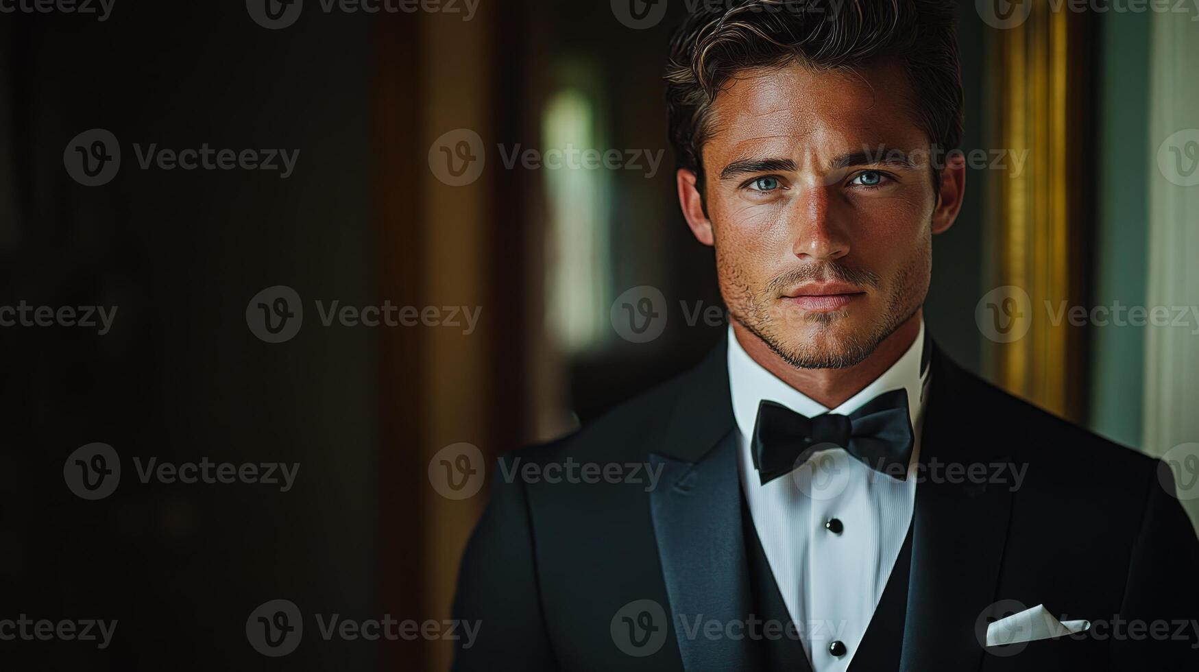 A well-dressed man stands confidently in an indoor setting. He wears a black tuxedo with a bow tie, showcasing charm and elegance against a refined backdrop. photo