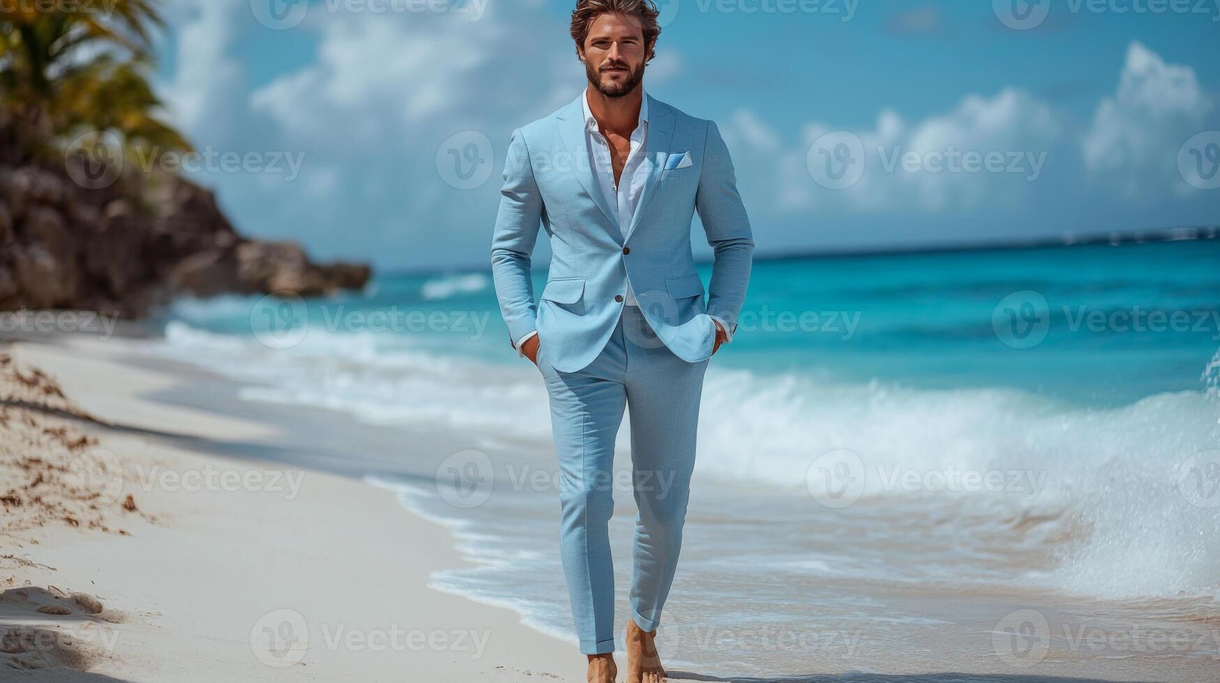 A man in a light blue suit strolls along a sandy beach beside turquoise waves. He walks barefoot, enjoying the warm sun and vibrant scenery of palm trees and clear skies. photo