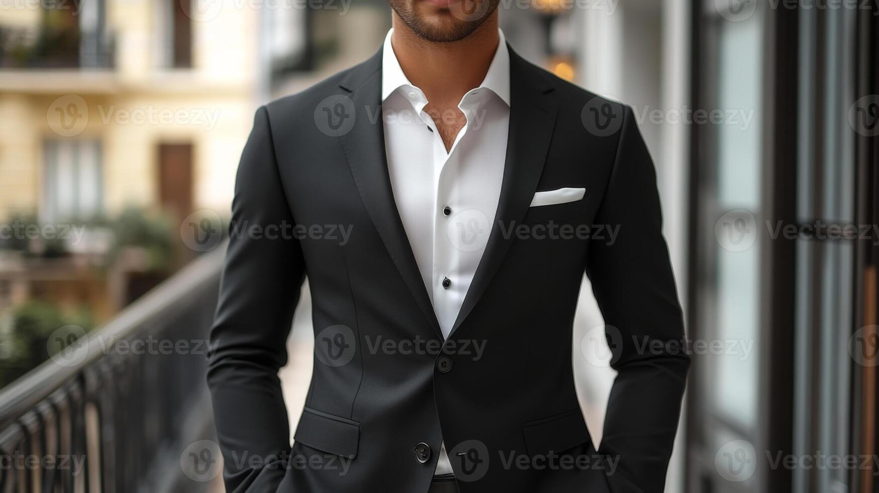 A well-dressed man in a tailored black suit with a white shirt stands on a balcony. He exudes confidence against a backdrop of urban architecture, reflecting a sophisticated lifestyle. photo