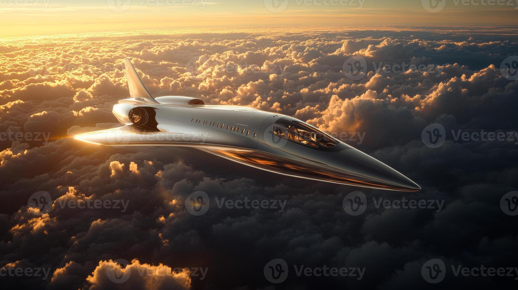A sleek spaceplane soars through the clouds against a vibrant sunset, showcasing cutting edge aerospace technology for hypersonic flight and propulsion innovation. photo