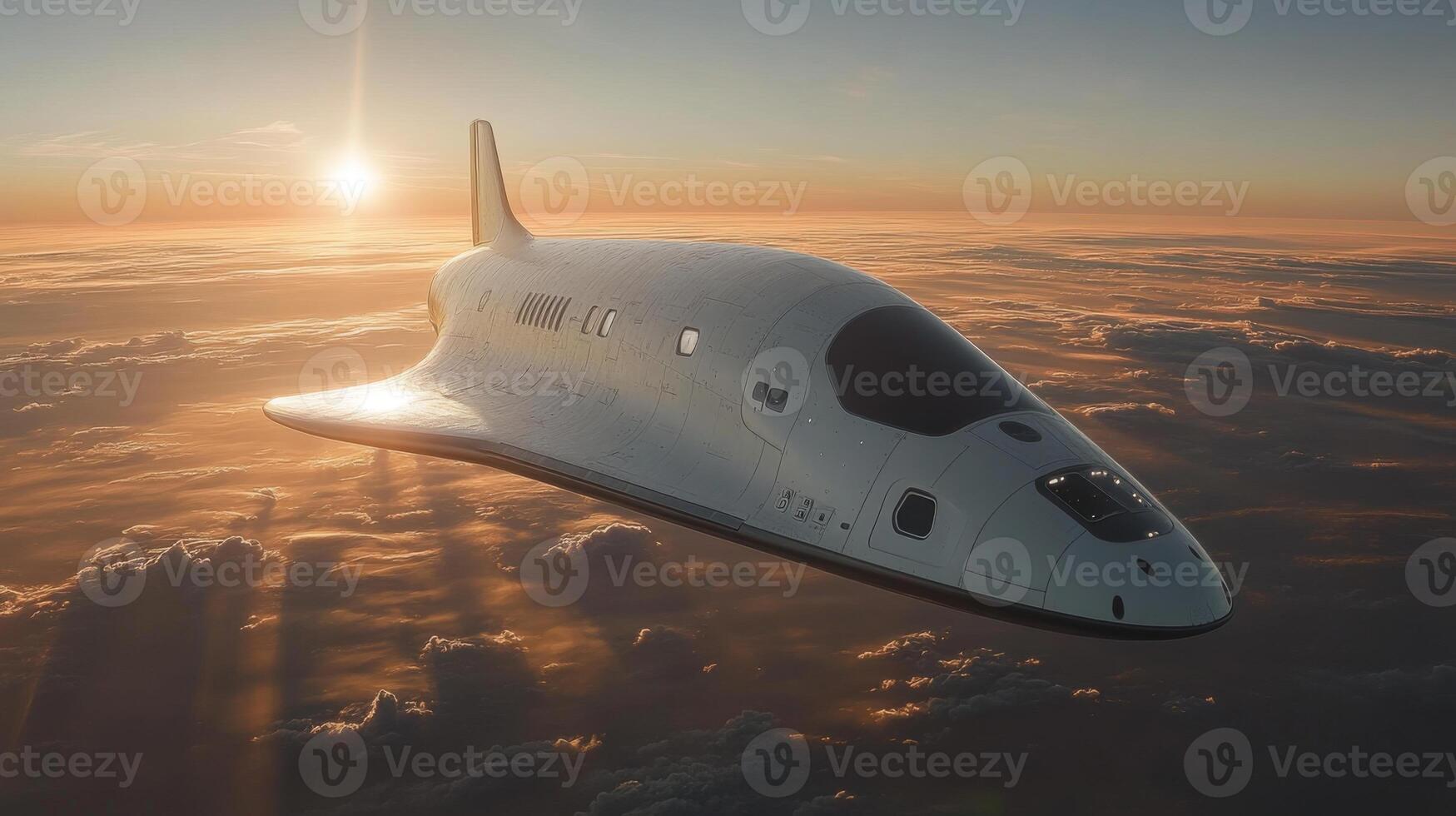 A cutting edge spaceplane glides gracefully above the earth's atmosphere as the sun rises, representing breakthroughs in airlaunch and propulsion systems for future spaceflight. photo