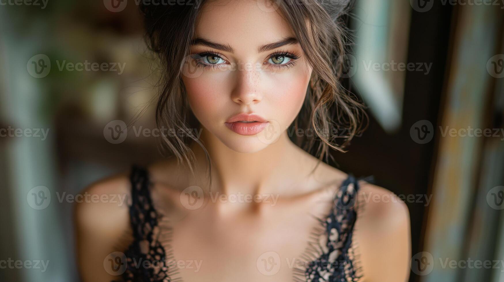 A young woman with alluring features gazes intently with her green eyes. She has tousled hair and wears a delicate black lace top, set against a warm, inviting indoor background. photo