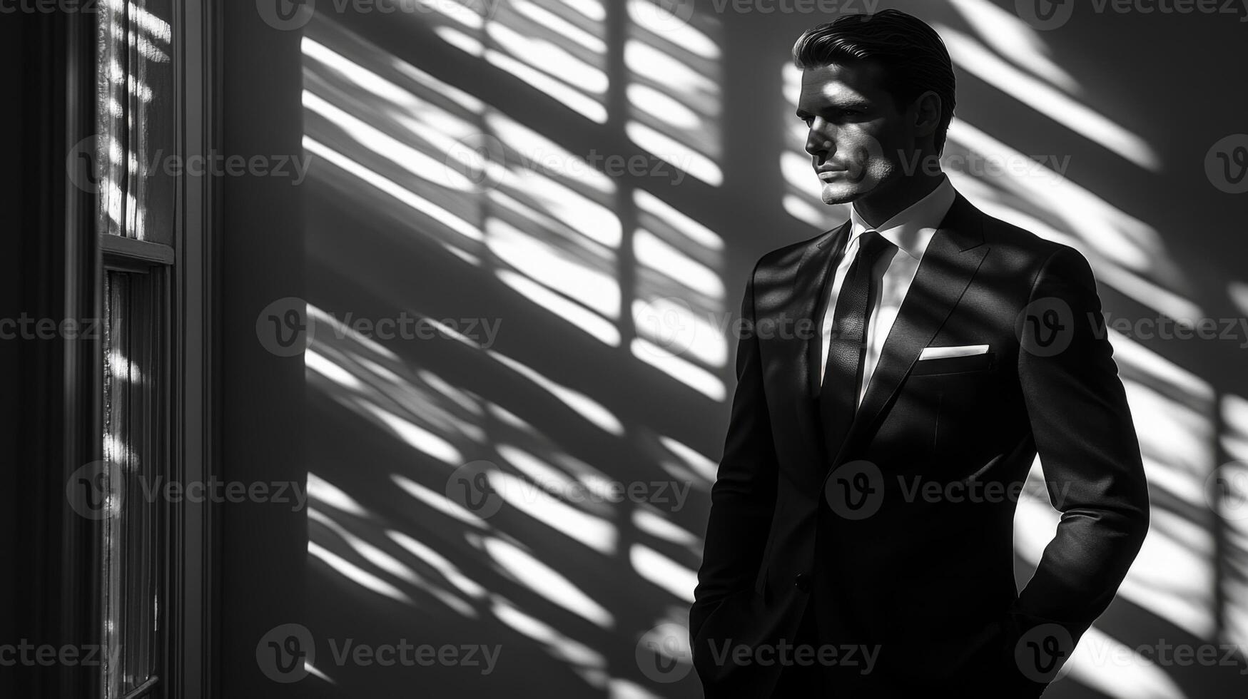 A man dressed in a sleek black suit and tie stands quietly in a well-lit room. The sunlight filters through window blinds, casting bold patterns of shadows that enhance the ambiance. photo