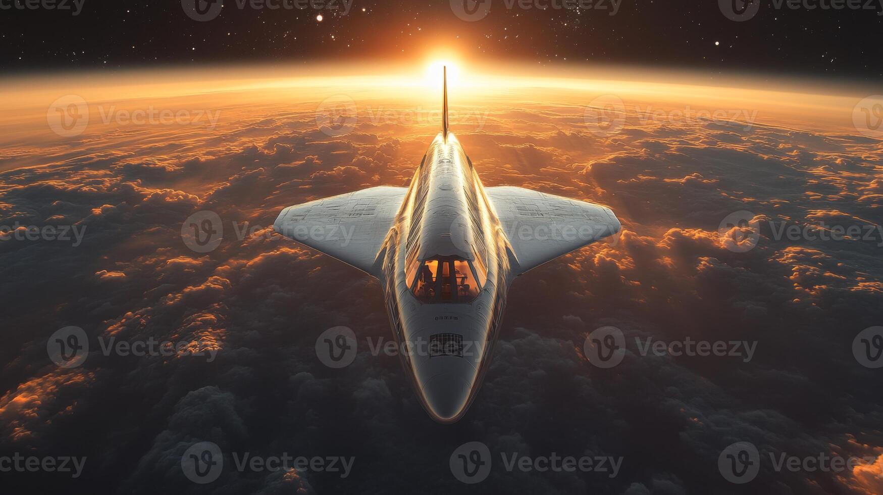 A spaceplane ascends into hypersonic flight, leaving the clouds behind as it glides toward the horizon. The sunset creates a stunning backdrop against the aircraft. photo