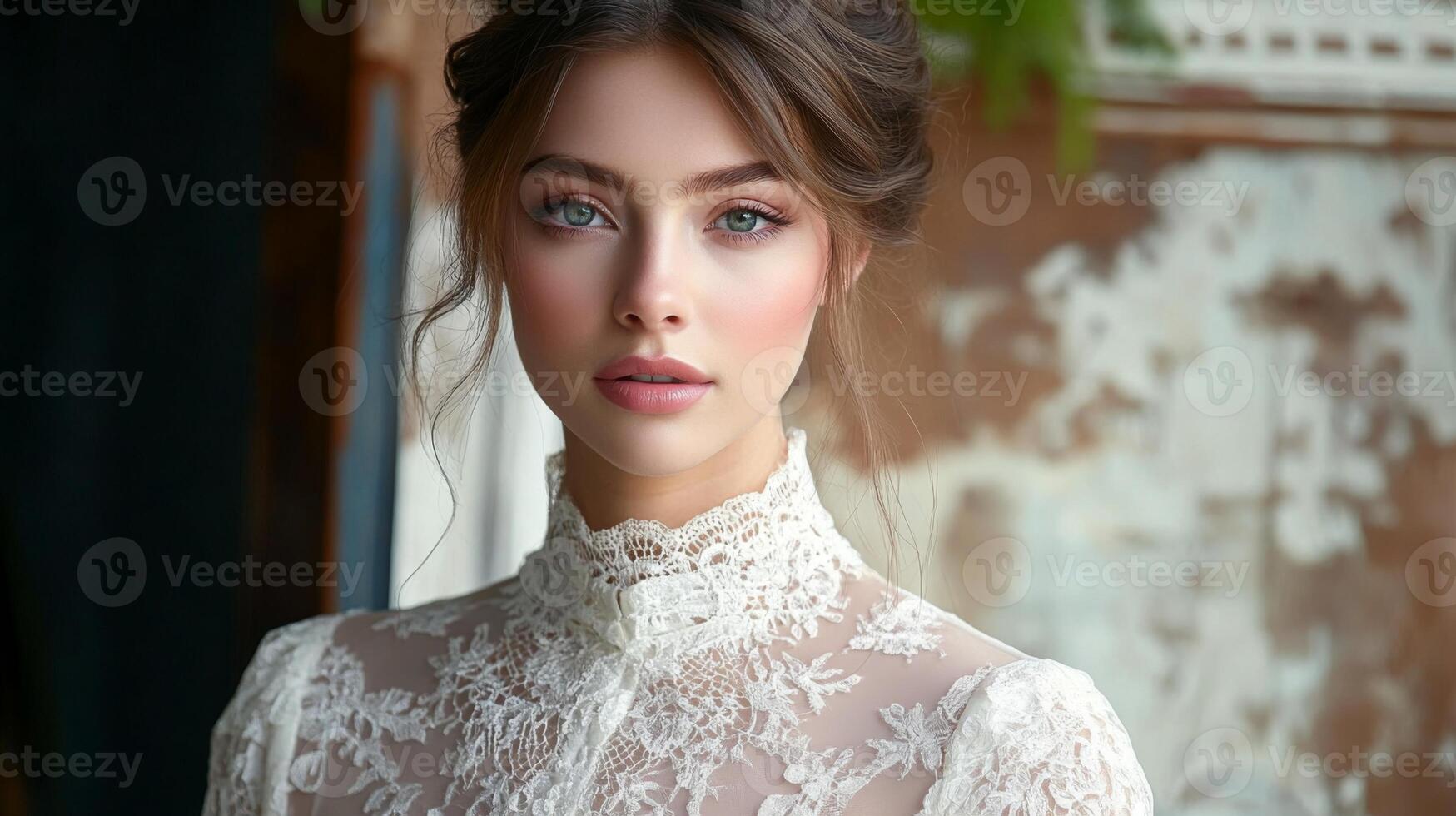 A young woman stands gracefully in a delicate lace gown, showcasing intricate details. The rustic background and soft lighting enhance her ethereal beauty and elegance. photo