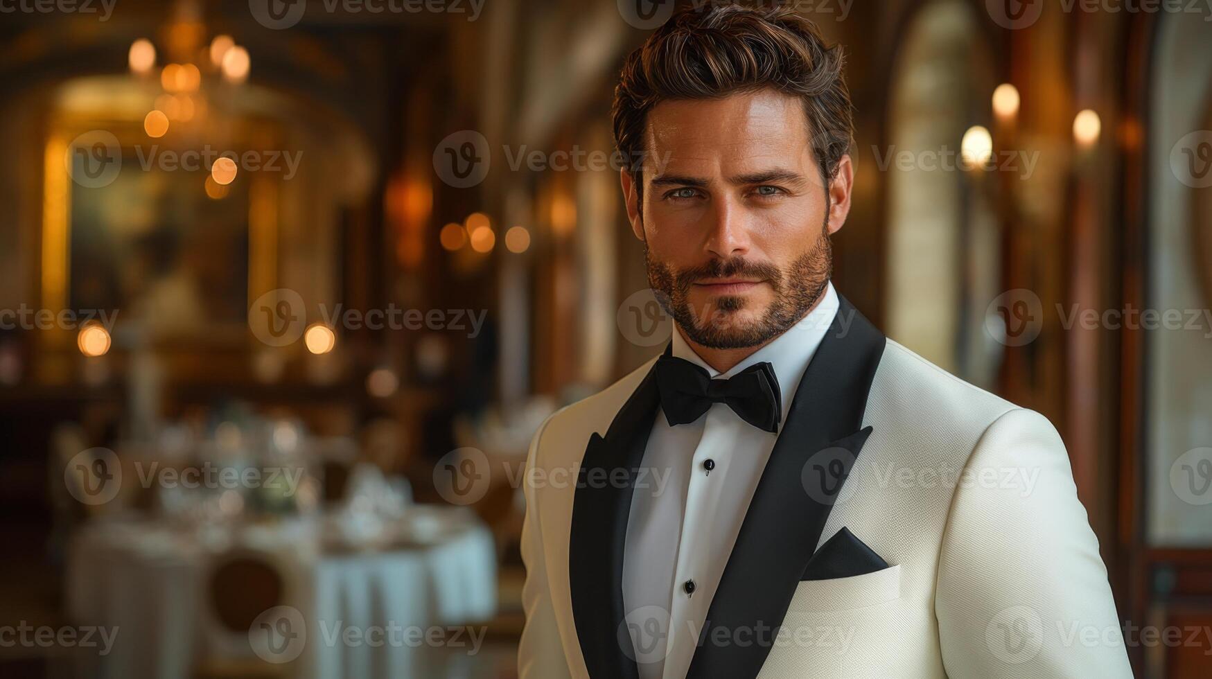 A well-dressed man in a classic tuxedo poses confidently in a luxurious restaurant. The setting features ornate decor with soft, ambient lighting, creating an inviting atmosphere. photo