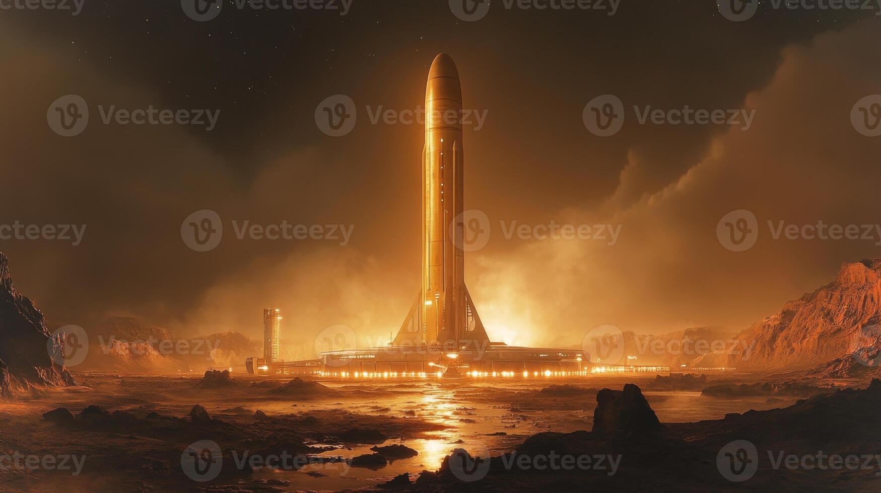 An advanced rocket launch facility stands illuminated against a hazy landscape, showcasing innovative propulsion technology designed for hypersonic spaceflight, evoking future aerospace advancements. photo