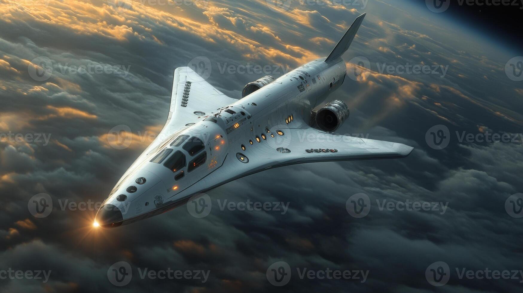 A cutting edge spaceplane glides through the twilight skies, utilizing advanced propulsion systems for a hypersonic airlaunch above the clouds, showcasing aerospace innovation. photo