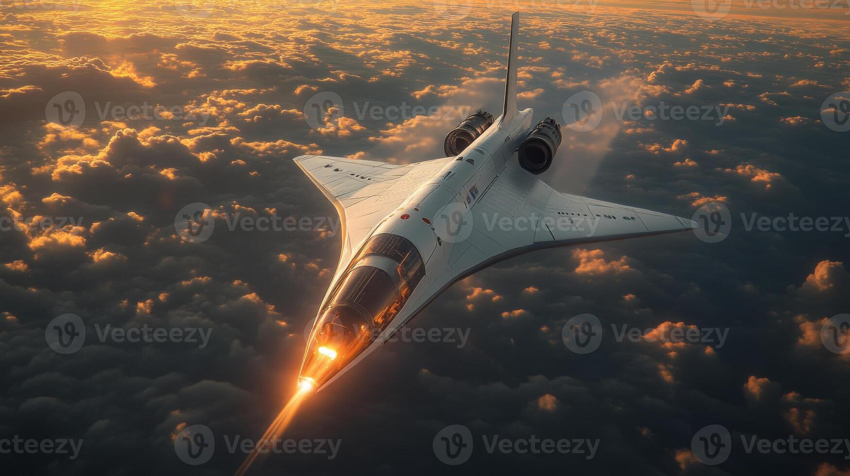 A cutting edge hypersonic spaceplane ascends into the atmosphere with a powerful propulsion system, leaving a glowing trail as it navigates through clouds during a majestic sunset. photo