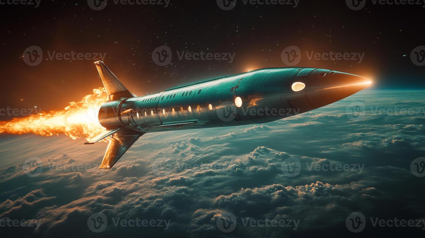 A cutting edge hypersonic rocket is propelled into the upper atmosphere, showcasing its advanced propulsion system while flames trail behind, illustrating the power of aerospace innovation. photo