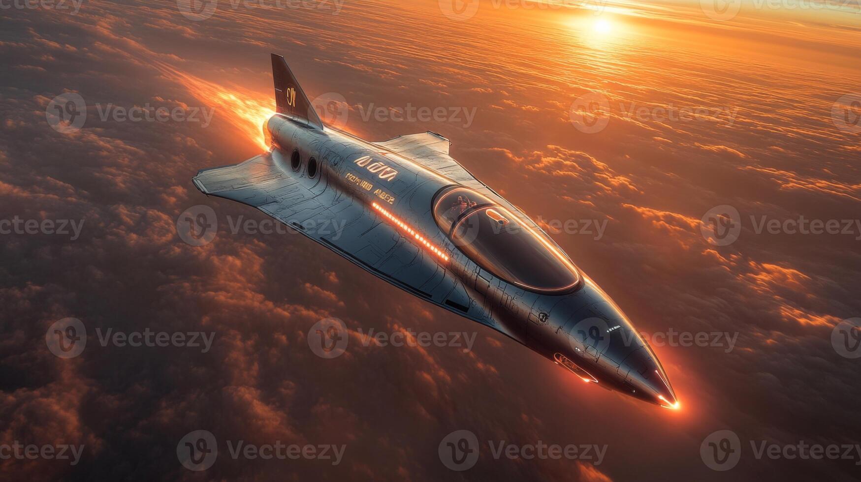 A sleek spaceplane soars through the atmosphere at hypersonic speeds, leaving a trail of glowing propulsion. The vibrant sunset creates a dramatic backdrop highlighting aerospace innovation. photo