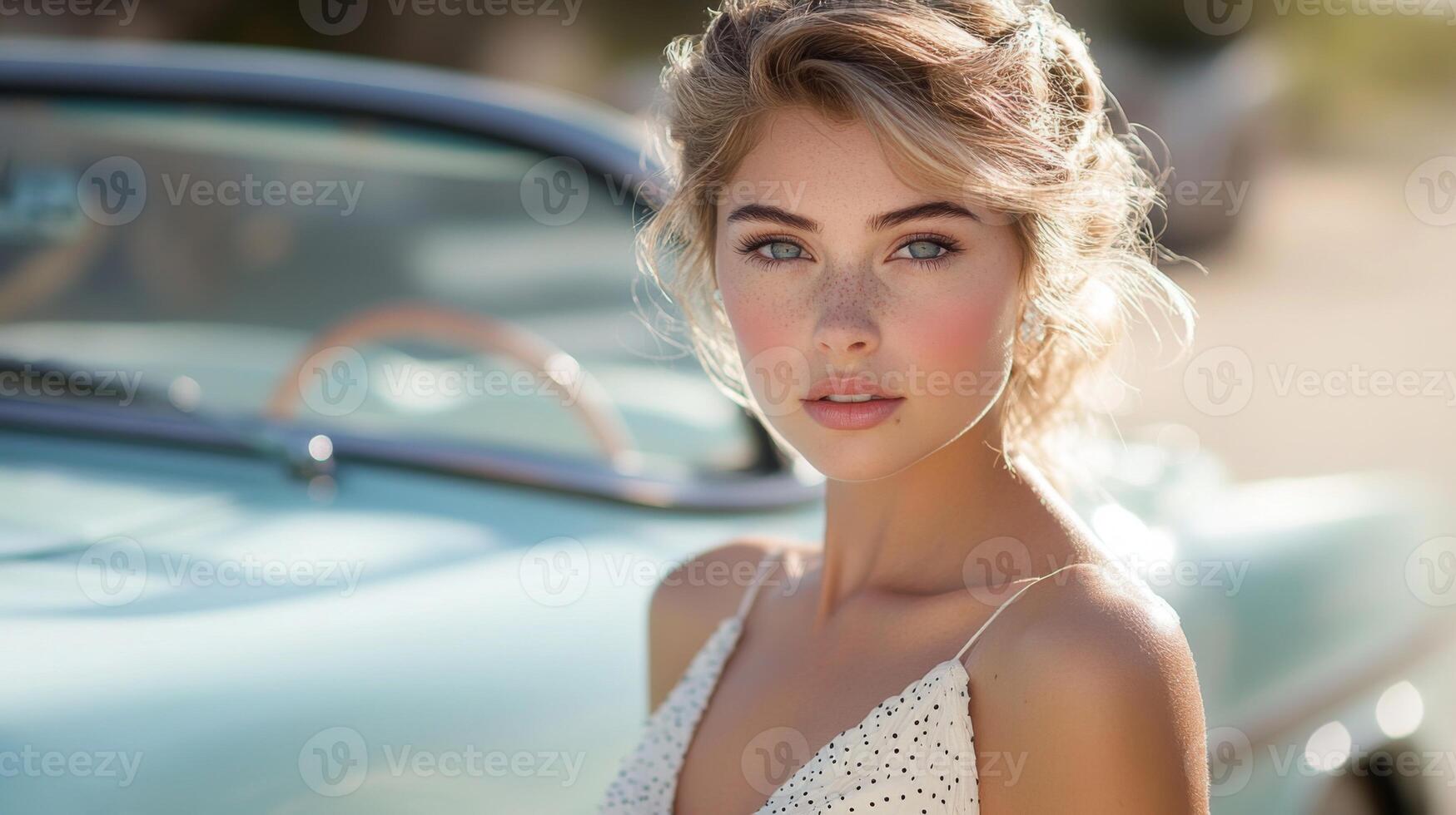 A young woman stands in natural light, showcasing a casual outfit with a dotted pattern. She has a captivating expression, complemented by soft waves in her hair. photo