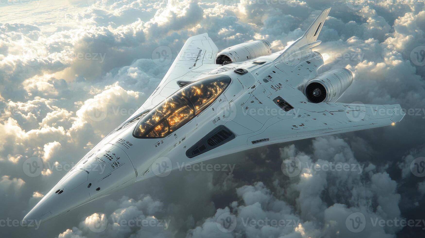 A futuristic spaceplane soars through the sky, showcasing innovative propulsion systems and sleek design while navigating clouds at high altitude during a test flight. photo