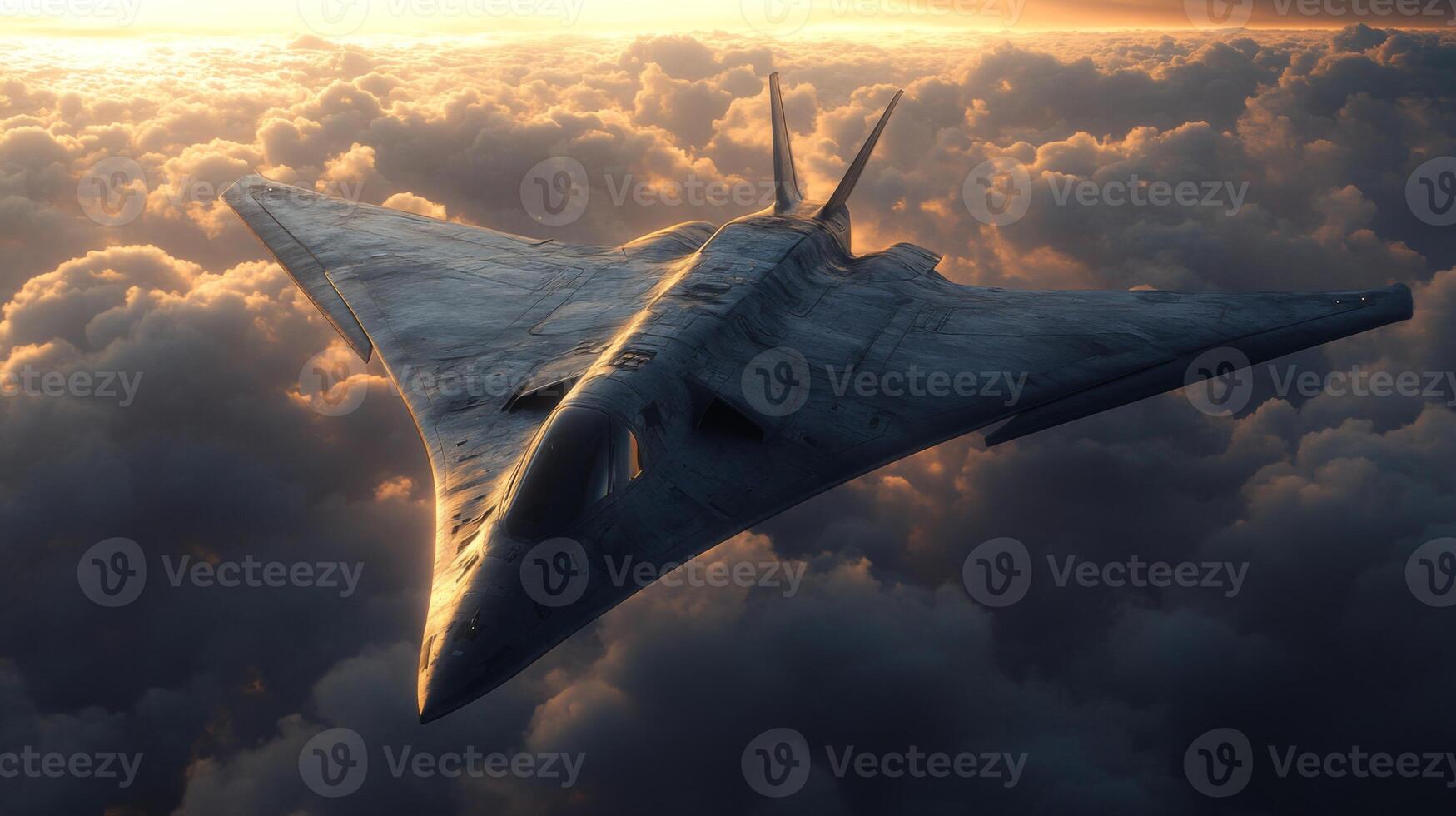 A sleek spaceplane glides elegantly above billowing clouds, illuminated by the golden hues of a stunning sunset, embodying cutting edge propulsion and aerospace innovation. photo