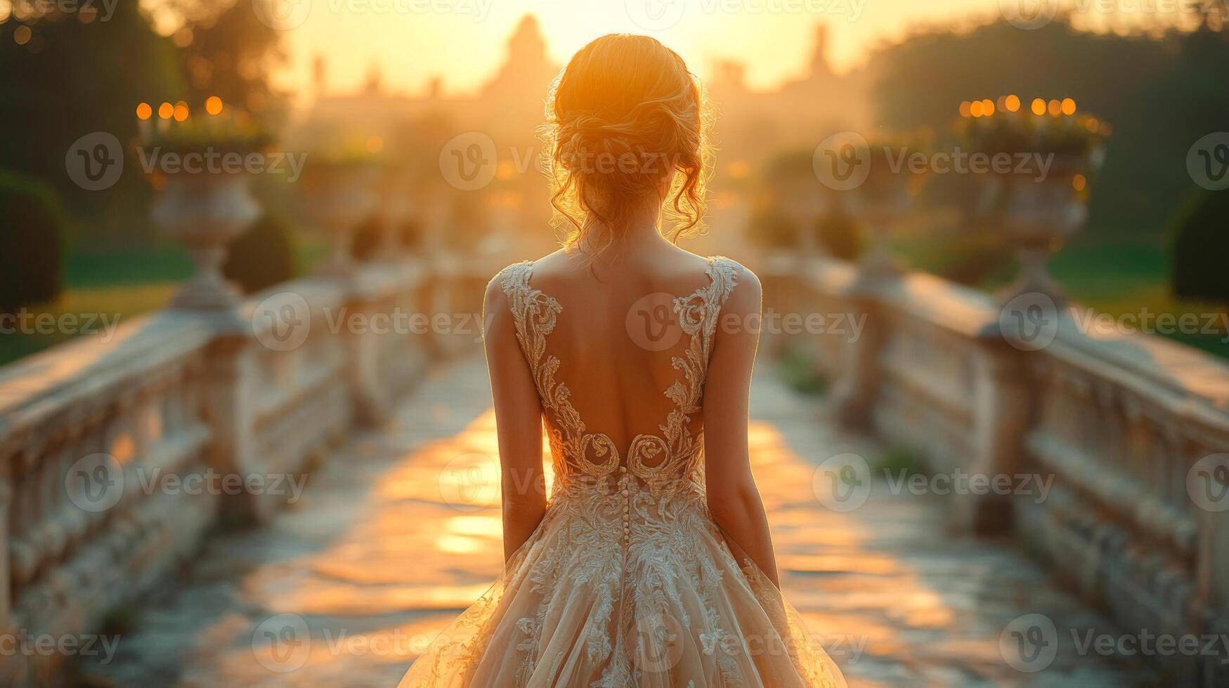 A bride in a stunning gown strolls along a picturesque pathway in a lush garden. The warm glow of sunset casts a magical light, creating an enchanting setting filled with romance. photo