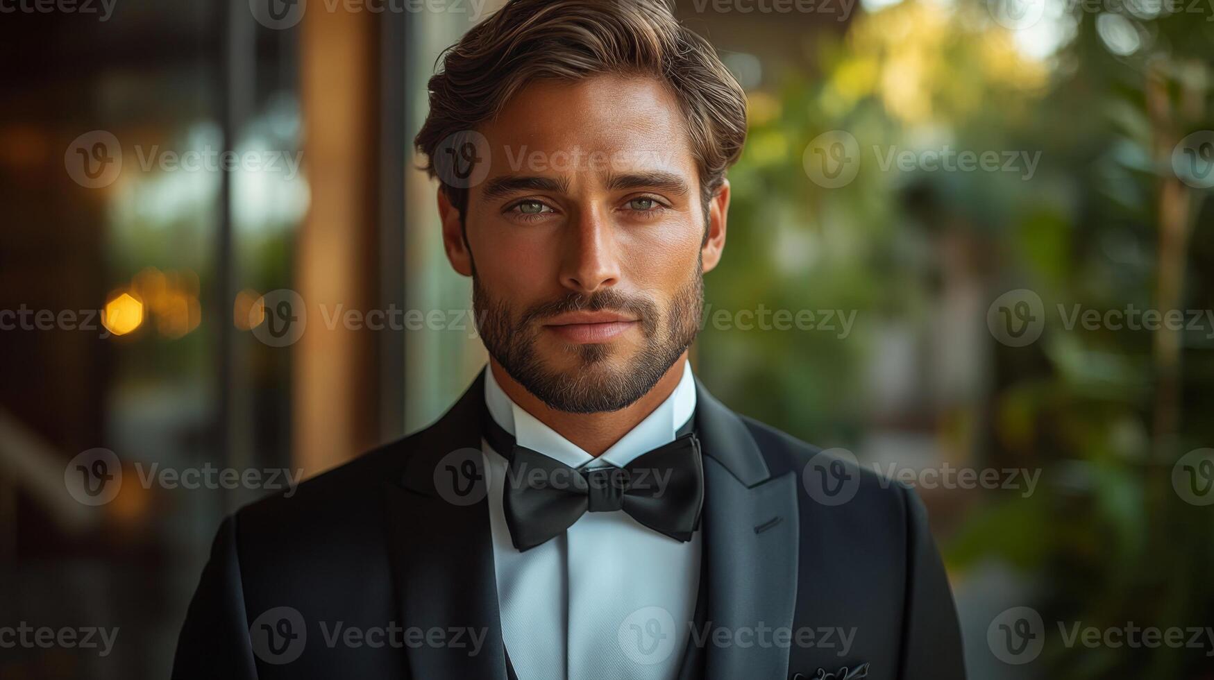A young man with a well-groomed beard and stylish haircut stands in a sleek tuxedo. photo