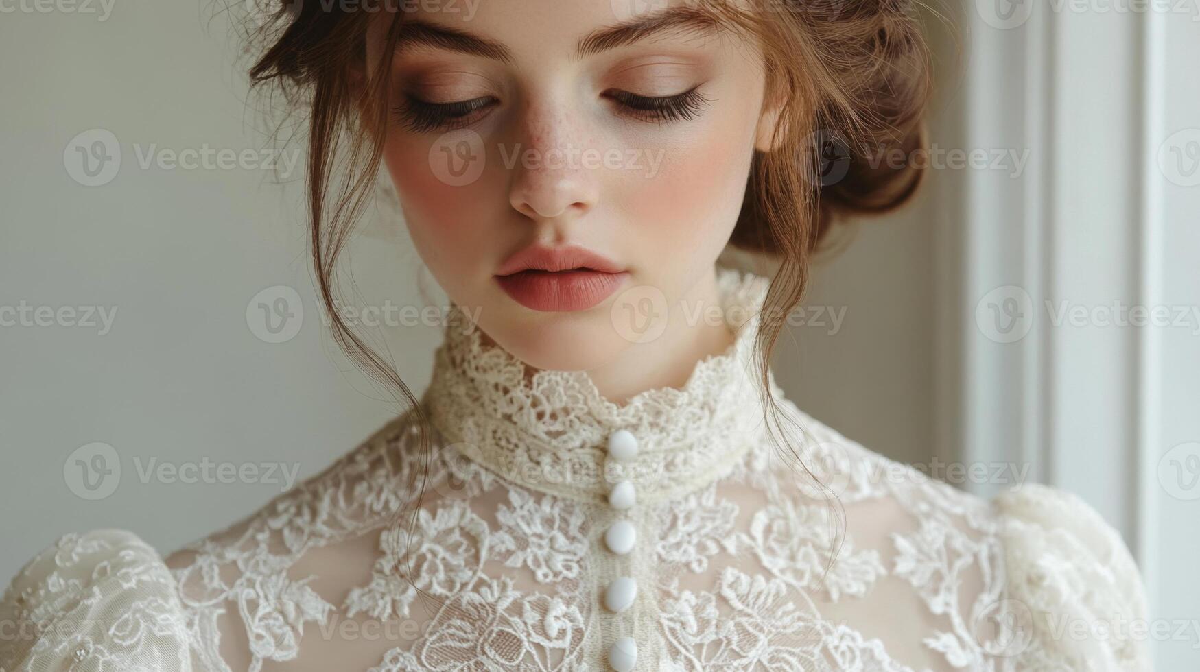 A woman with delicate features wears a beautifully detailed lace dress while striking a graceful pose inside a well-lit room. Her captivating expression highlights classic elegance and style. photo