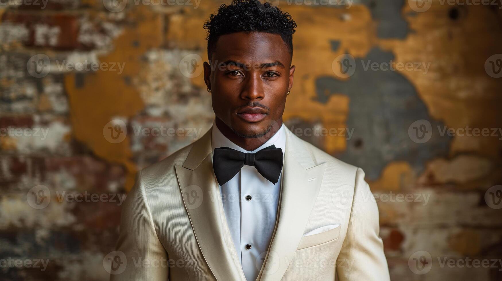 A male model stands confidently, wearing a cream tuxedo and bow tie, in front of a vintage wall featuring distressed textures and colors. photo