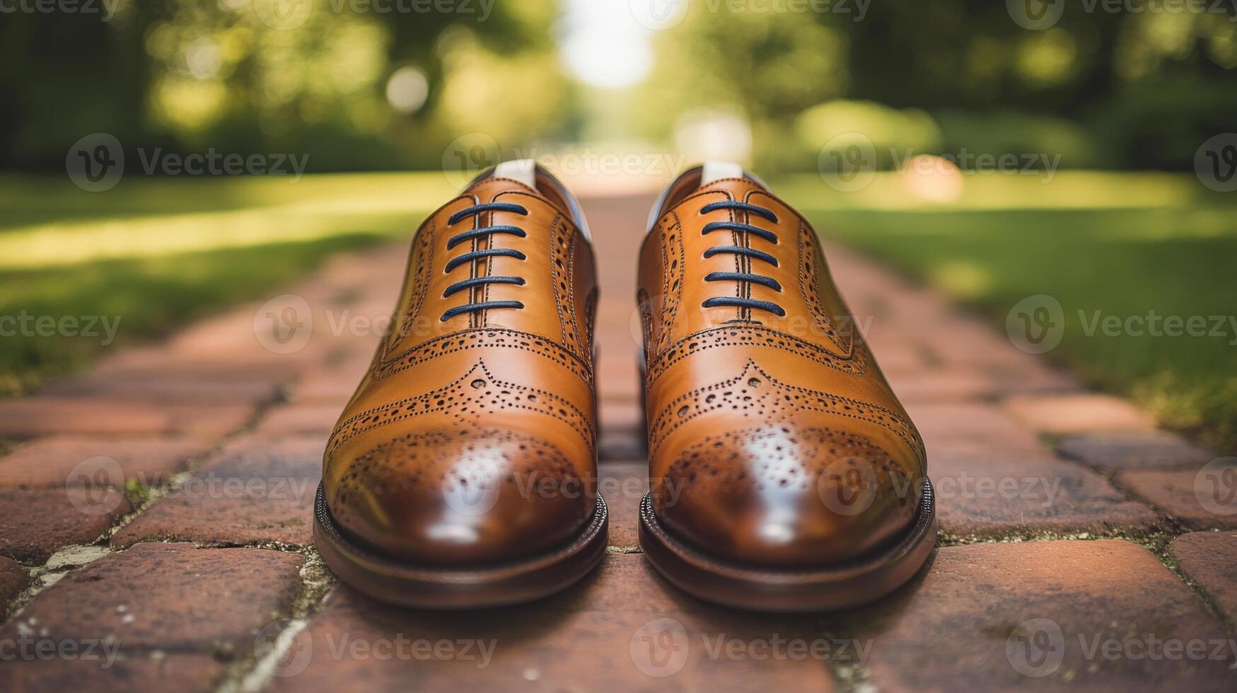 A pair of finely crafted brown leather shoes is placed on a brick pathway. The shoes feature decorative perforations and laces, set against a serene backdrop of lush greenery. photo