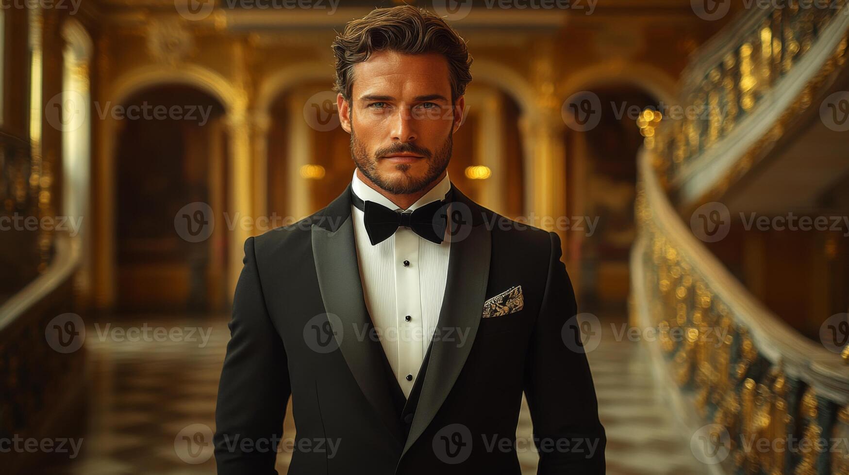 A well-dressed man stands in a lavish venue adorned with gold details. He wears a classic tuxedo, exuding charisma and style. The ambiance is refined and inviting. photo