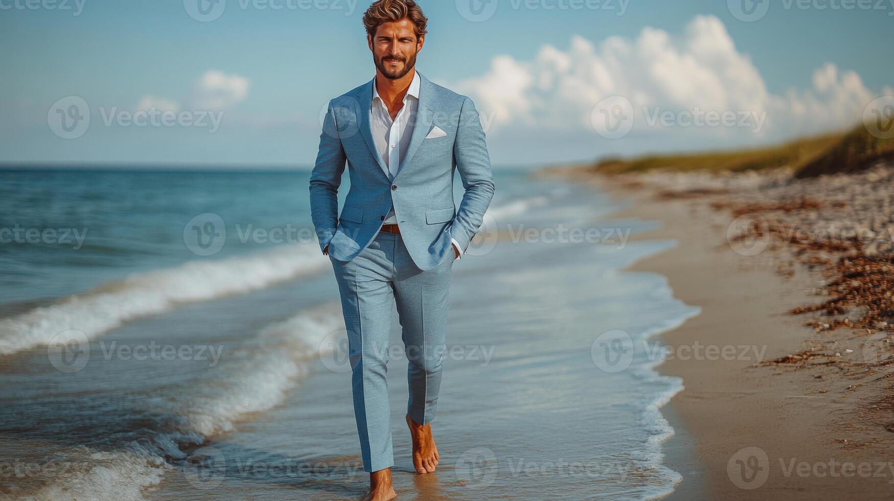 A man dressed in a light blue suit strolls barefoot along the beach, enjoying the sun and waves. The sky is clear with a few clouds, creating a serene atmosphere. photo