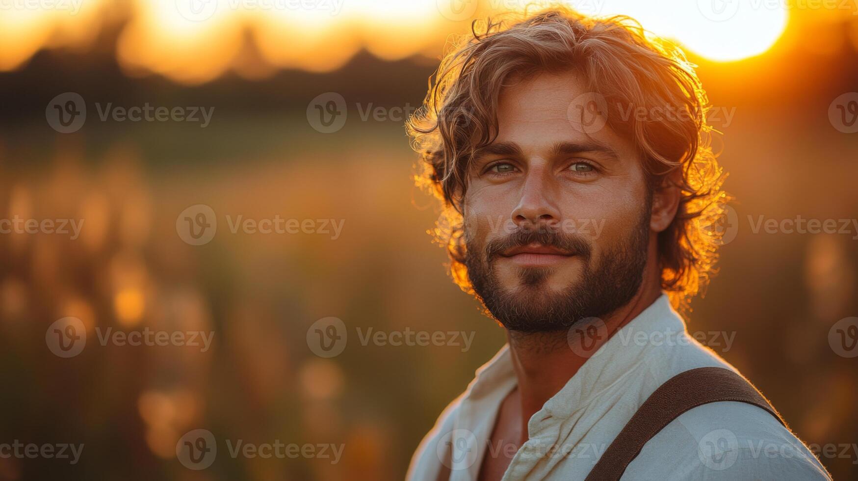 A young man with wavy hair stands in a golden field, illuminated by the warm glow of a sunset. He wears a light shirt and has a serene expression, enjoying the peacefulness of the moment. photo