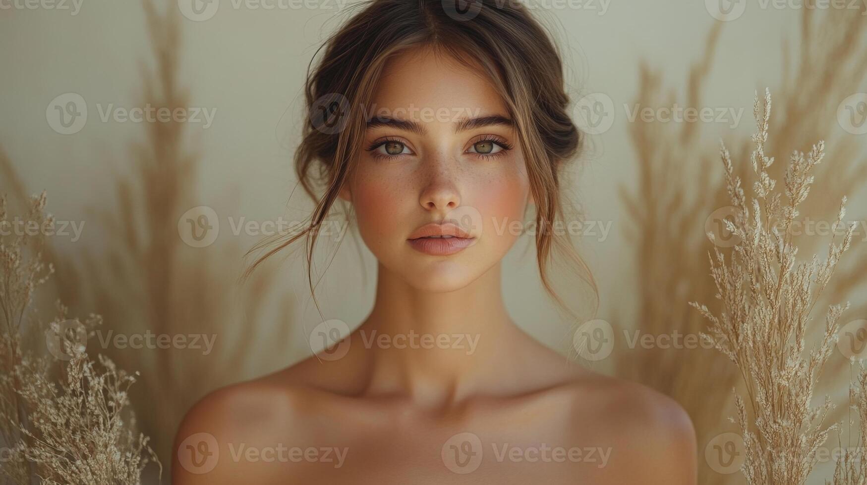 A young woman displays natural beauty, posed elegantly against a neutral background. Dried plants frame her, enhancing the serene atmosphere and soft lighting that highlights her features. photo