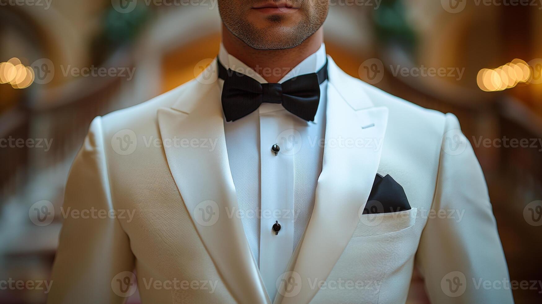 A well-dressed man showcases a striking white tuxedo paired with a classic black bow tie. photo