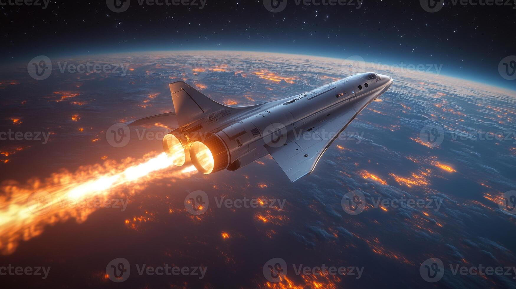 A futuristic spaceplane utilizes advanced electromagnetic propulsion to achieve hypersonic speeds, soaring above Earth's atmosphere amidst glowing city lights. photo